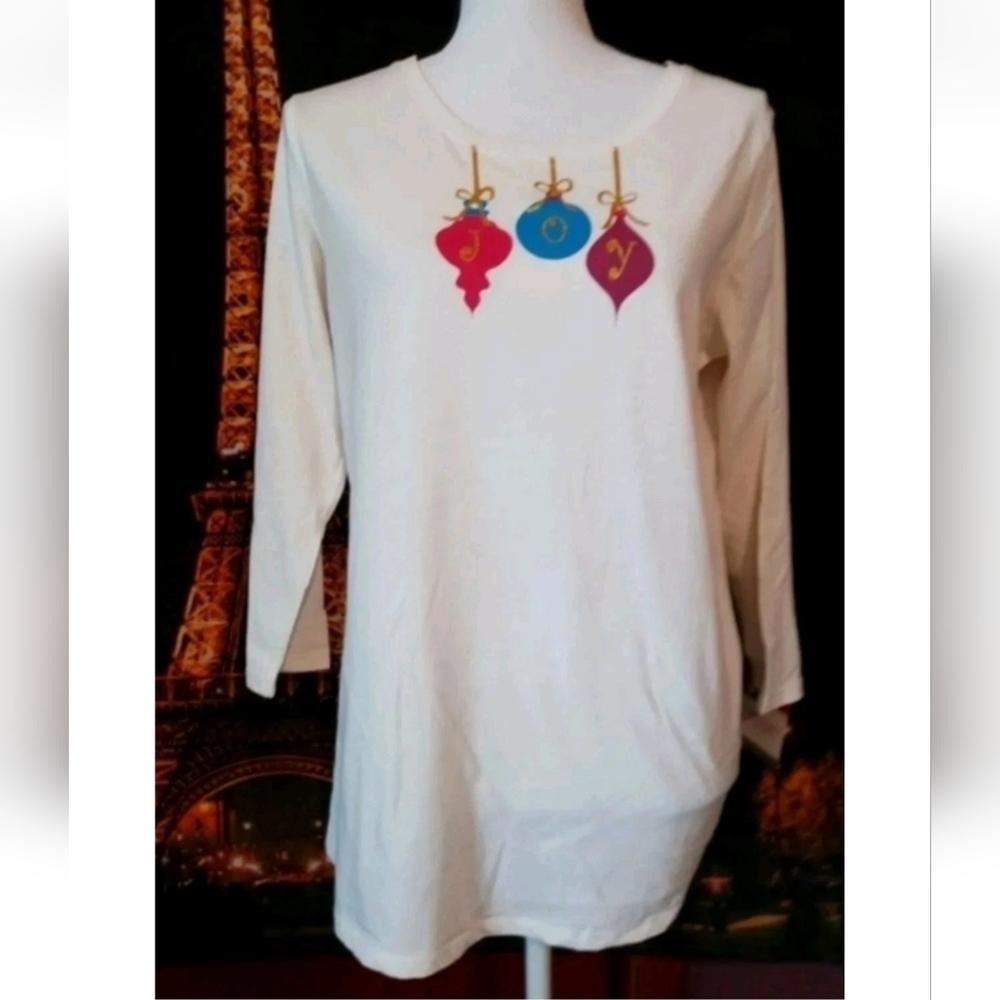 Women's Target Brand Ivory Christmas Shirt JOY Ornaments Top Large L New